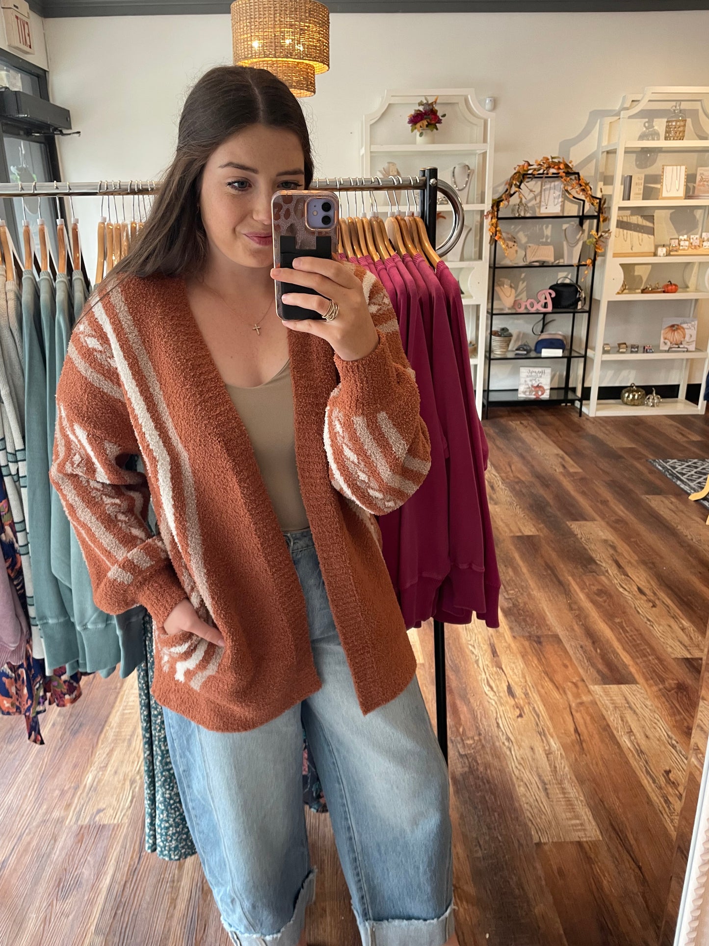 Fuzzy Orange Aztec Cardigan