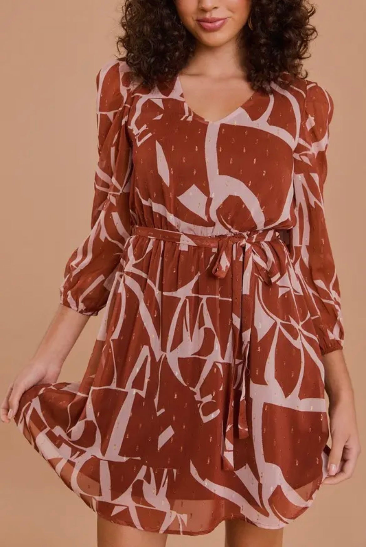 Rust and Taupe Abstract Dress with Gold Fleck