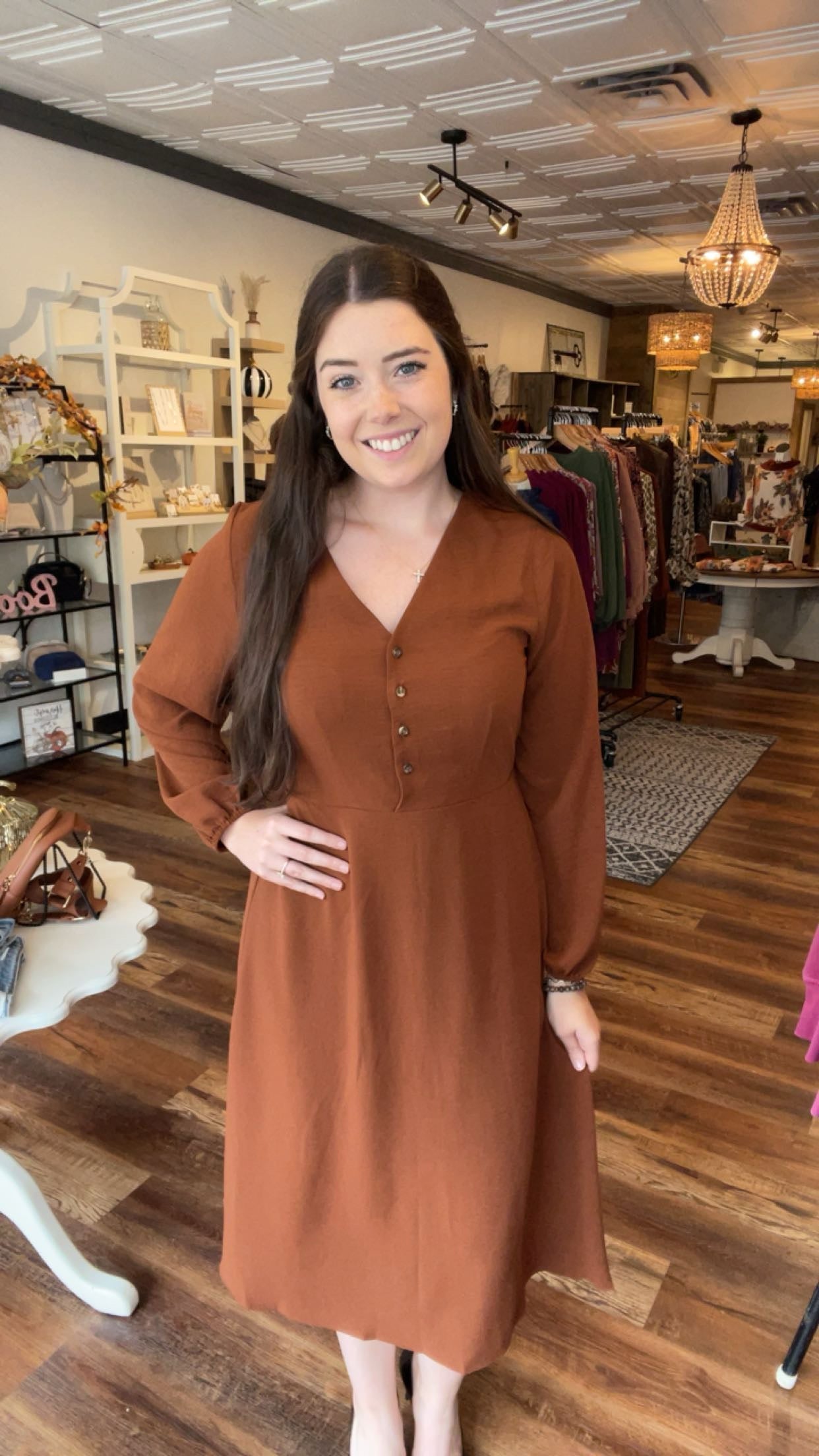 Burnt Orange Midi Dress with Buttons