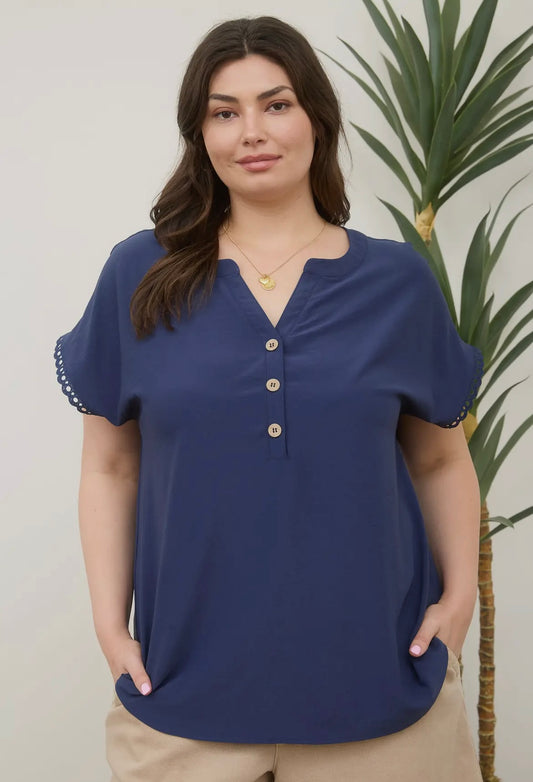 Navy Top with Scallop Lace Detail