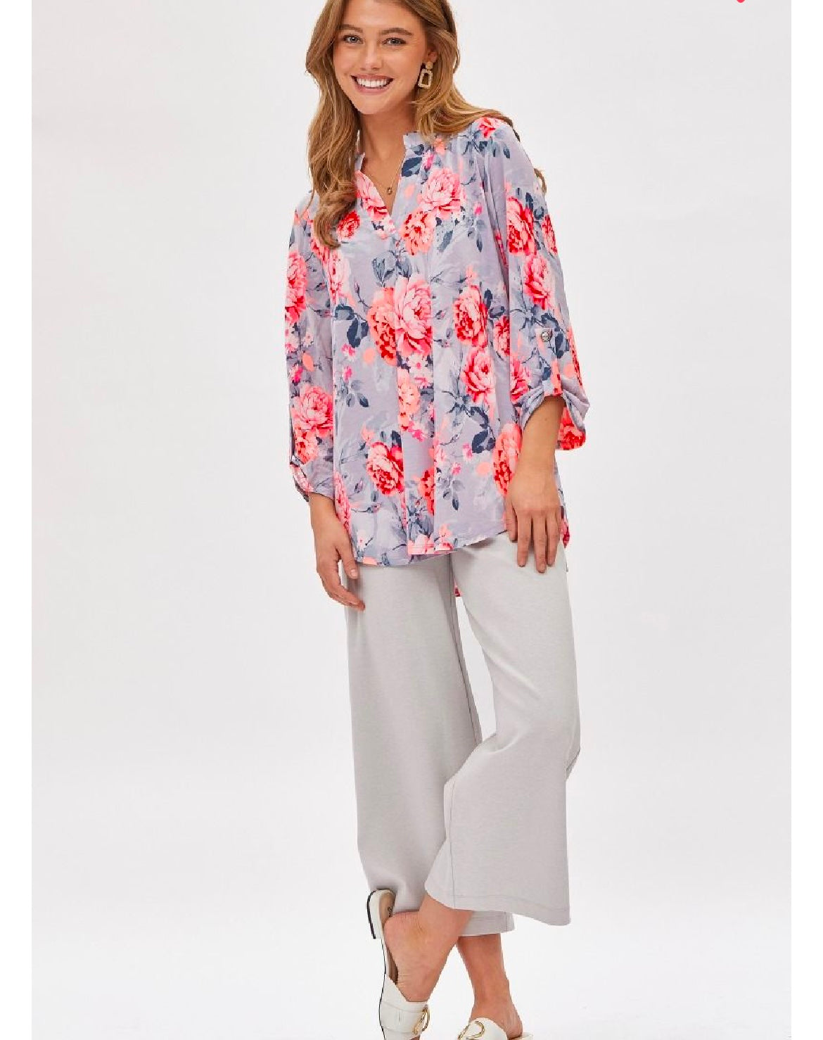 Grey and Coral Wrinkle Free Floral Blouse