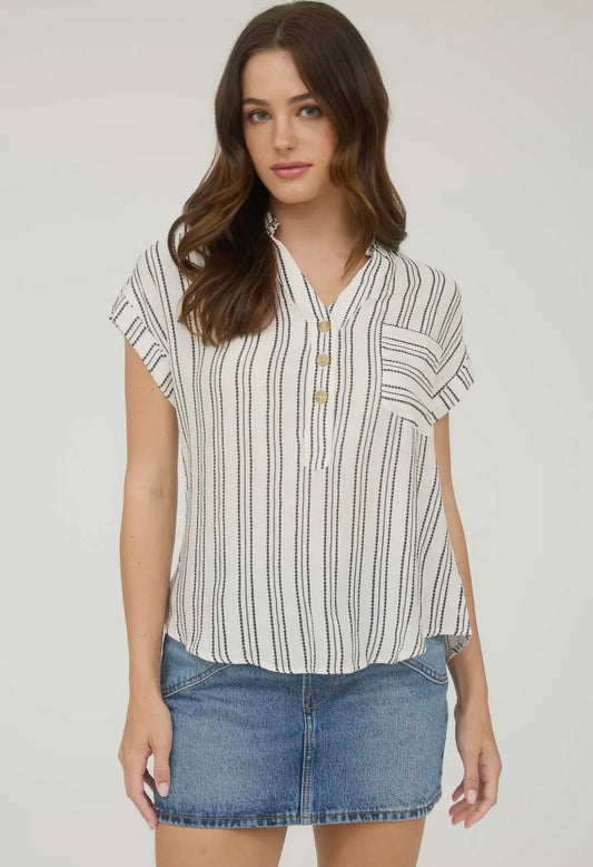 Cream Stripe Button Top