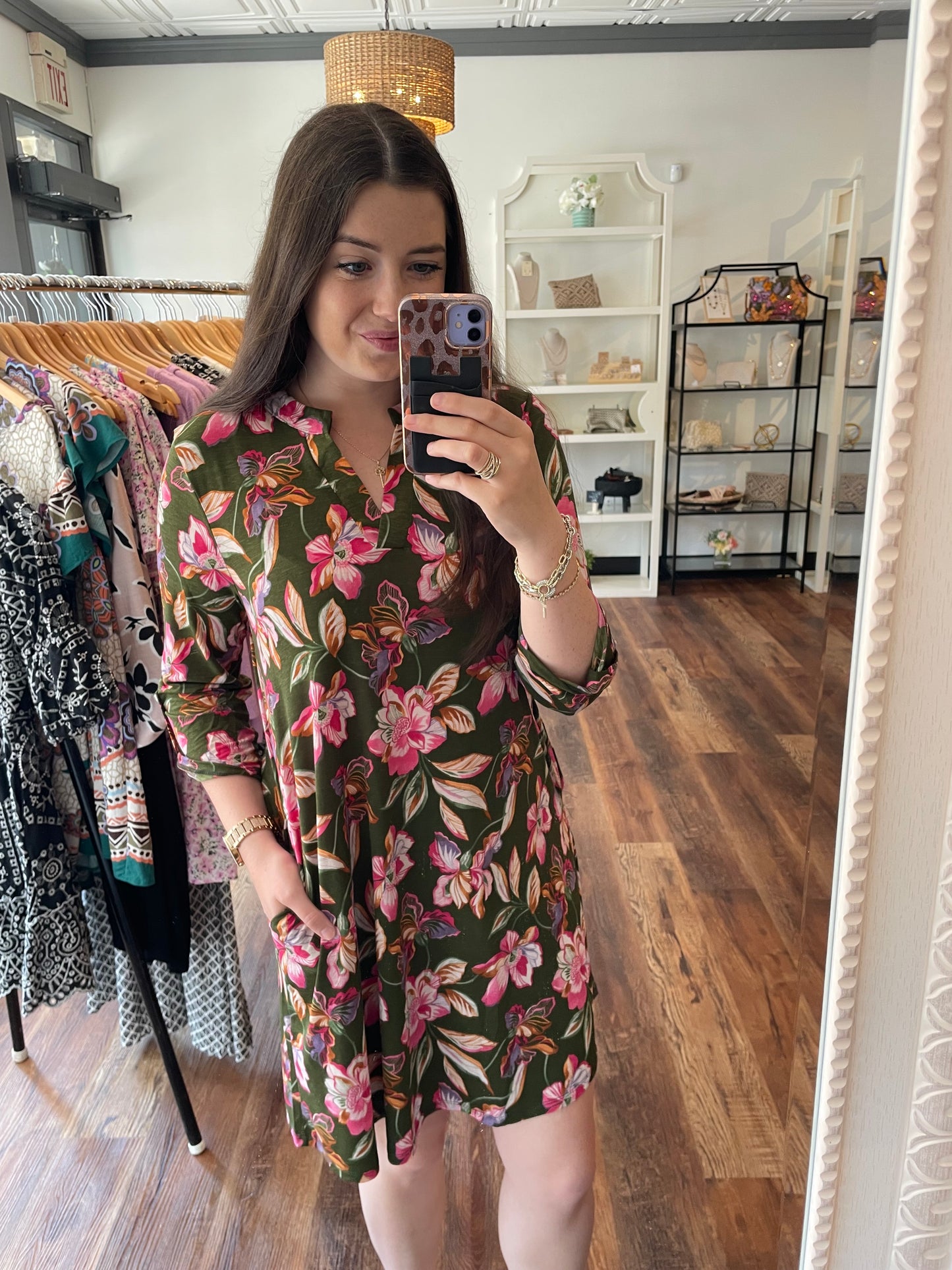 Olive and Pink Wrinkle Resistant Dress