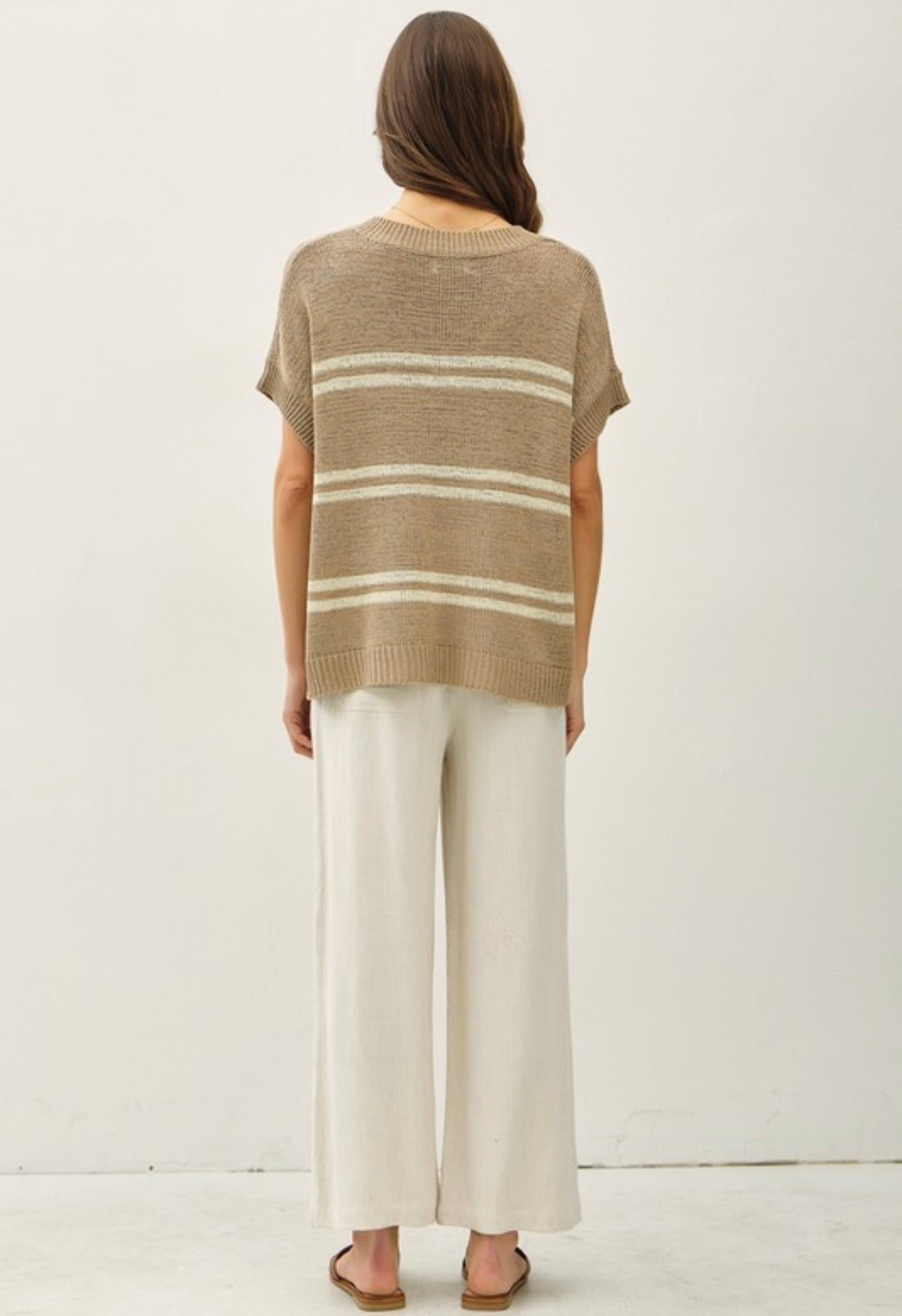 Taupe Striped V-Neck Short Sleeve Sweater