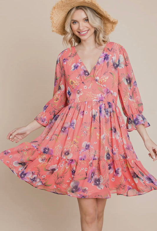 Coral Floral Three Quarter Dress