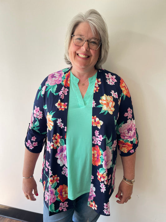 Navy Floral Wrinkle Free Duster