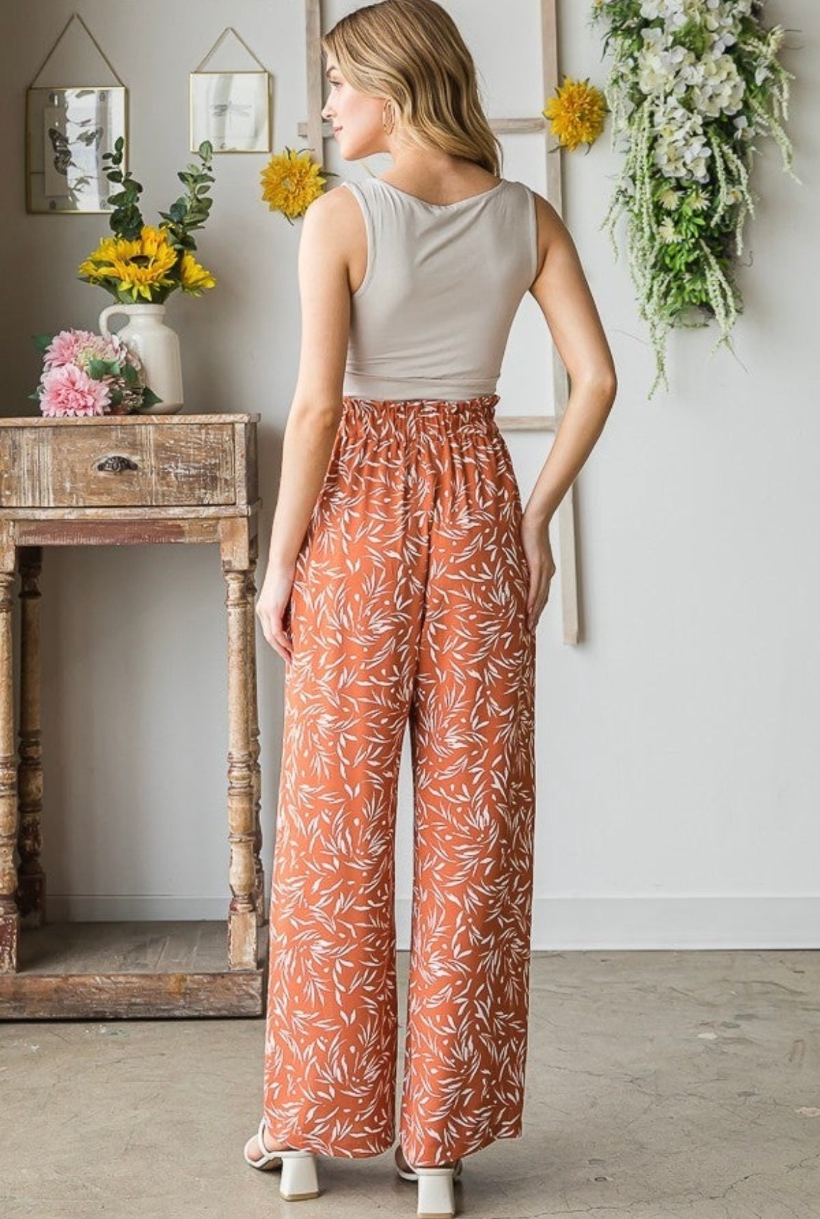 Rust and White Printed Pants with Tie