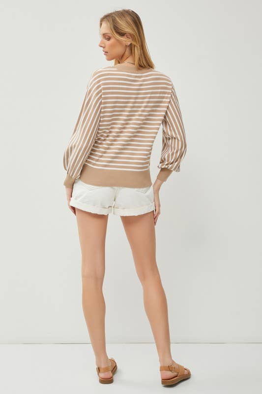 TAUPE STRIPED DROP SHOULDER BALLOON SLEEVE RIB SWEATER