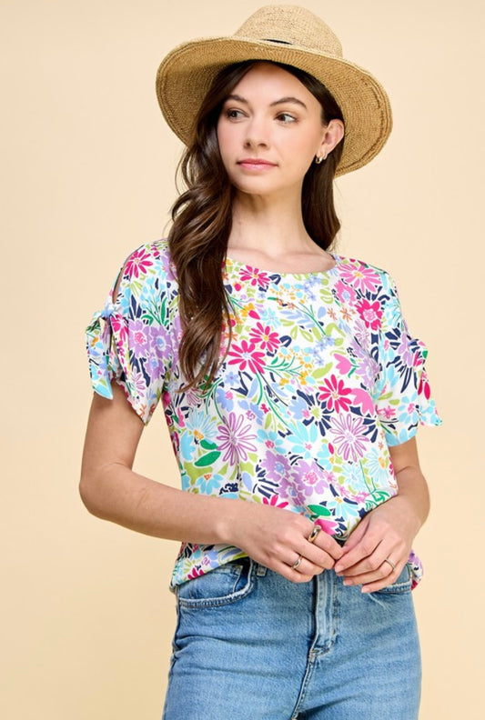 Floral Top with Tie Sleeves