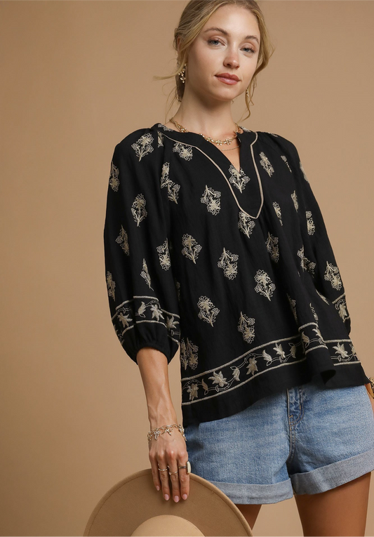 Black Bouquet Embroidered Top