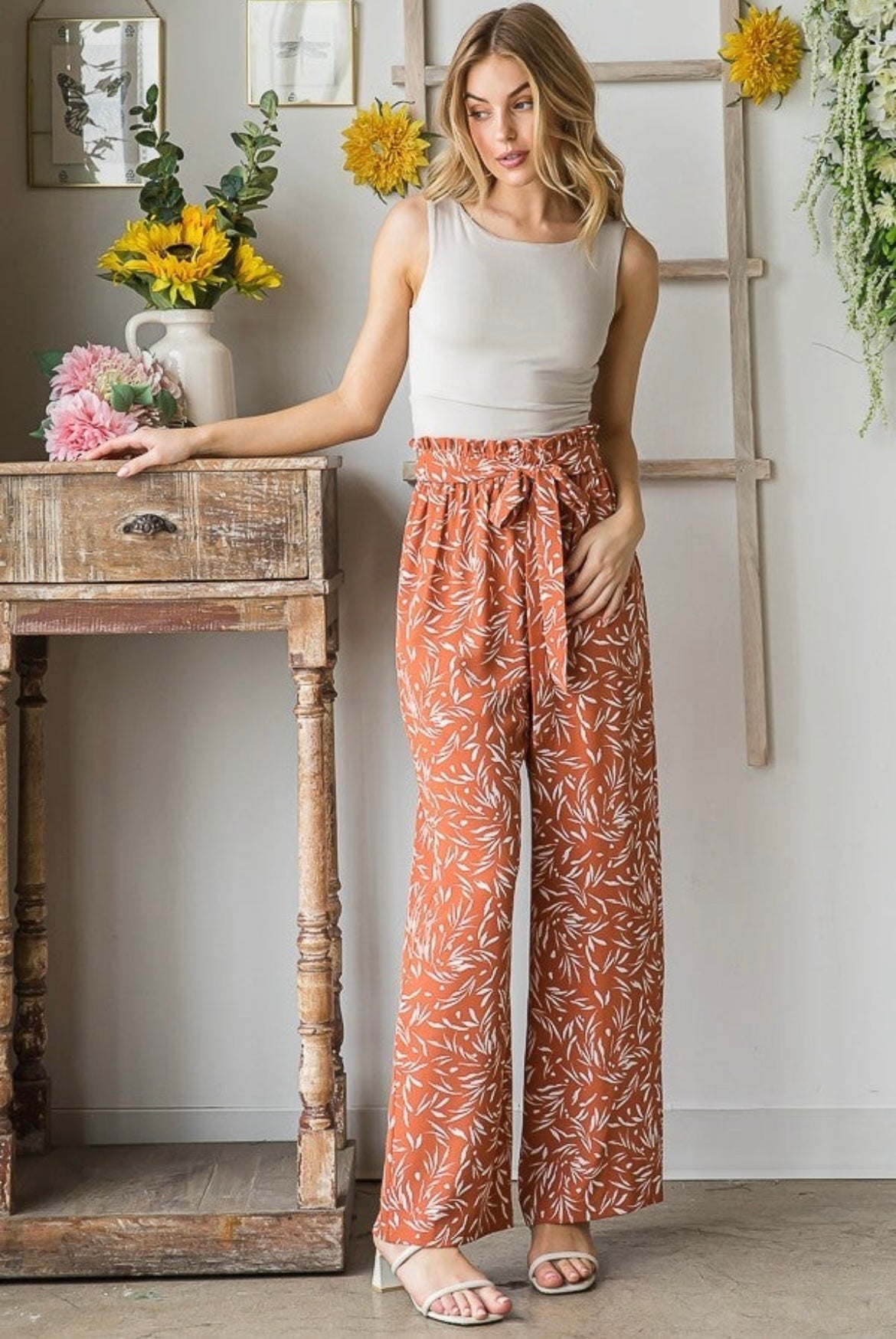 Rust and White Printed Pants with Tie