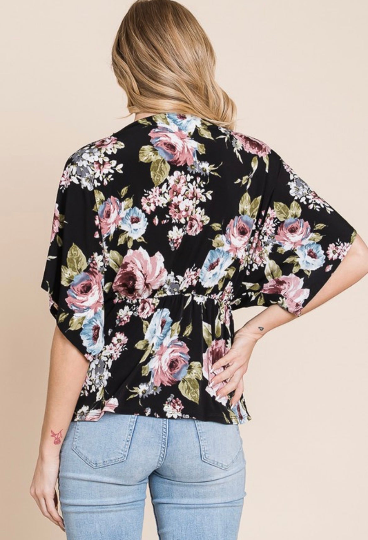 Mauve and Blue Floral Wrap Top