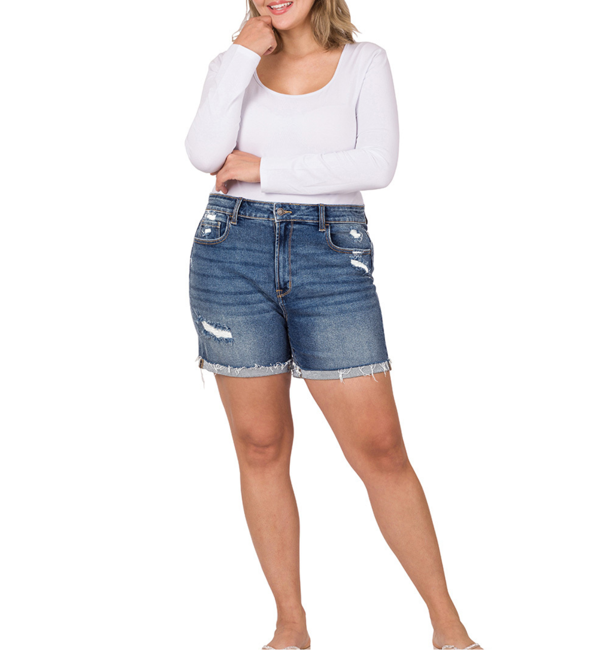 Distressed Cuffed Dark Denim Shorts