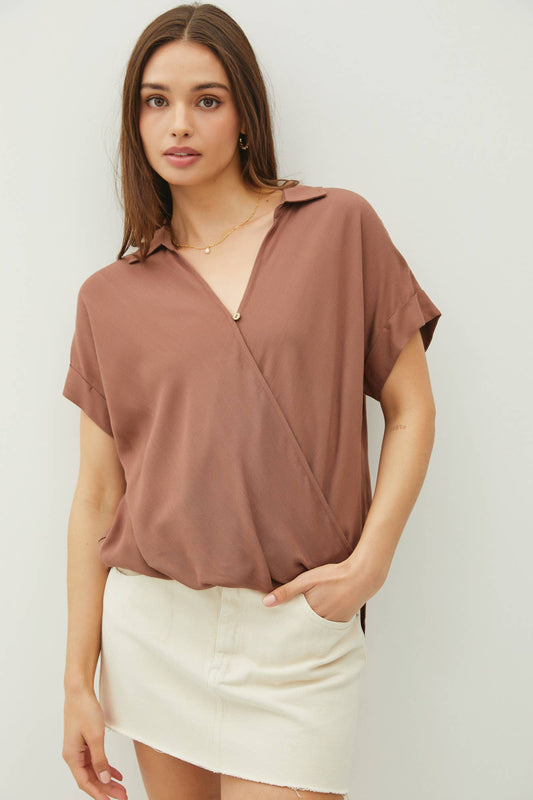 BROWN OVERSIZED V-NECK ROLLED SLEEVE SURPLICE SHIRT TOP