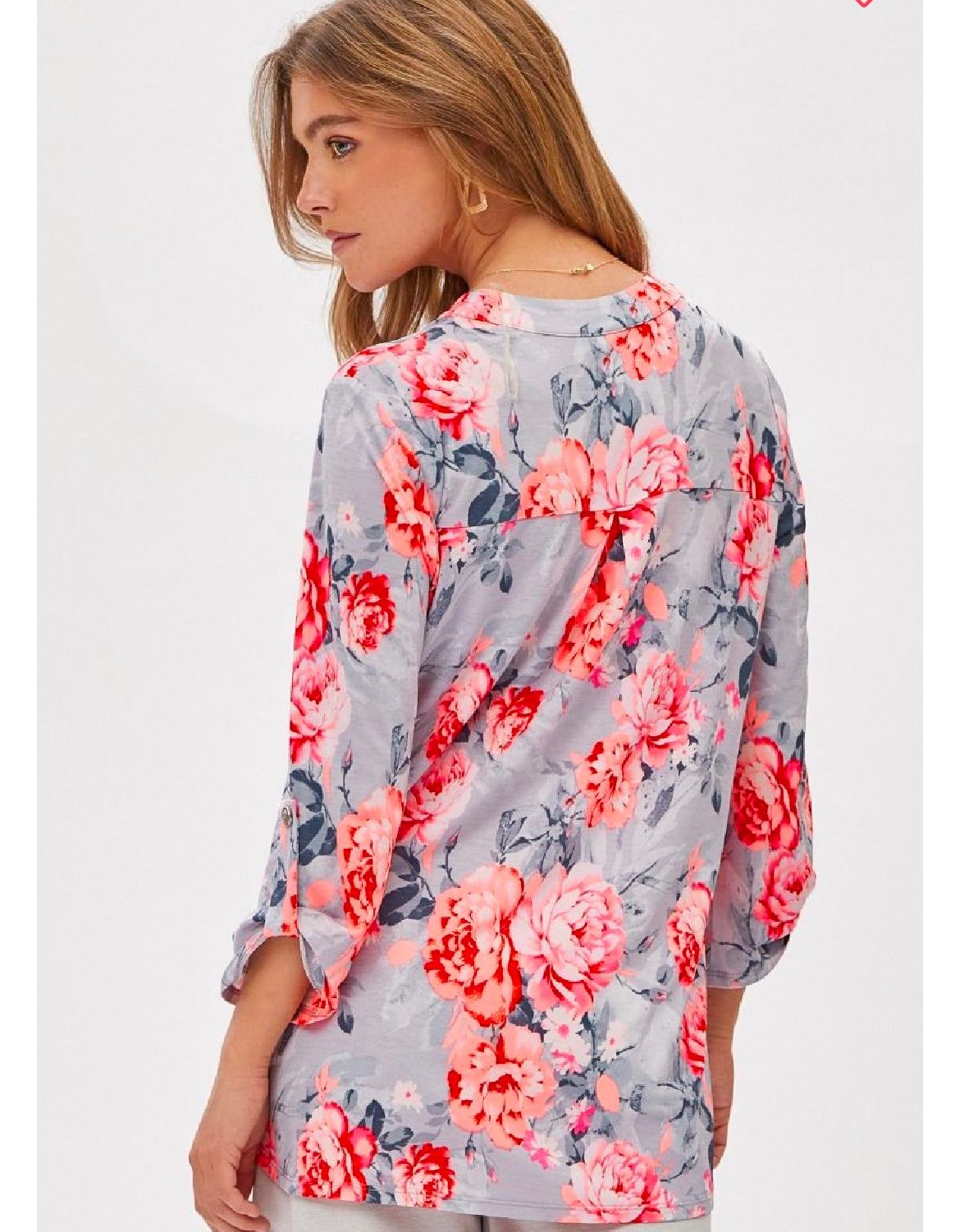 Grey and Coral Wrinkle Free Floral Blouse