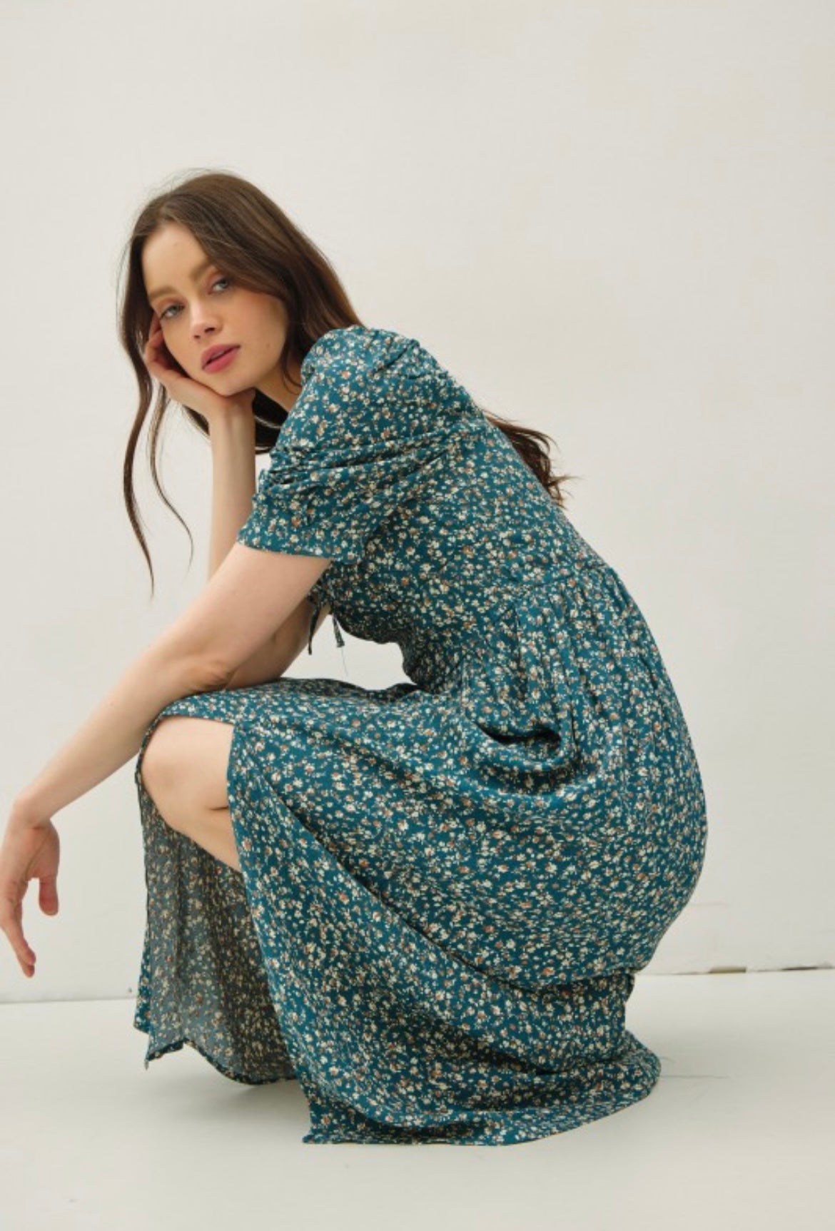Teal Floral Midi Dress with Puff Sleeves