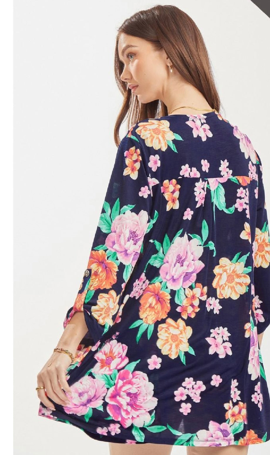 Navy Floral Wrinkle Free Duster