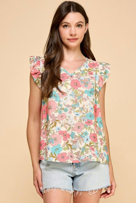 Aqua and Coral Floral Blouse