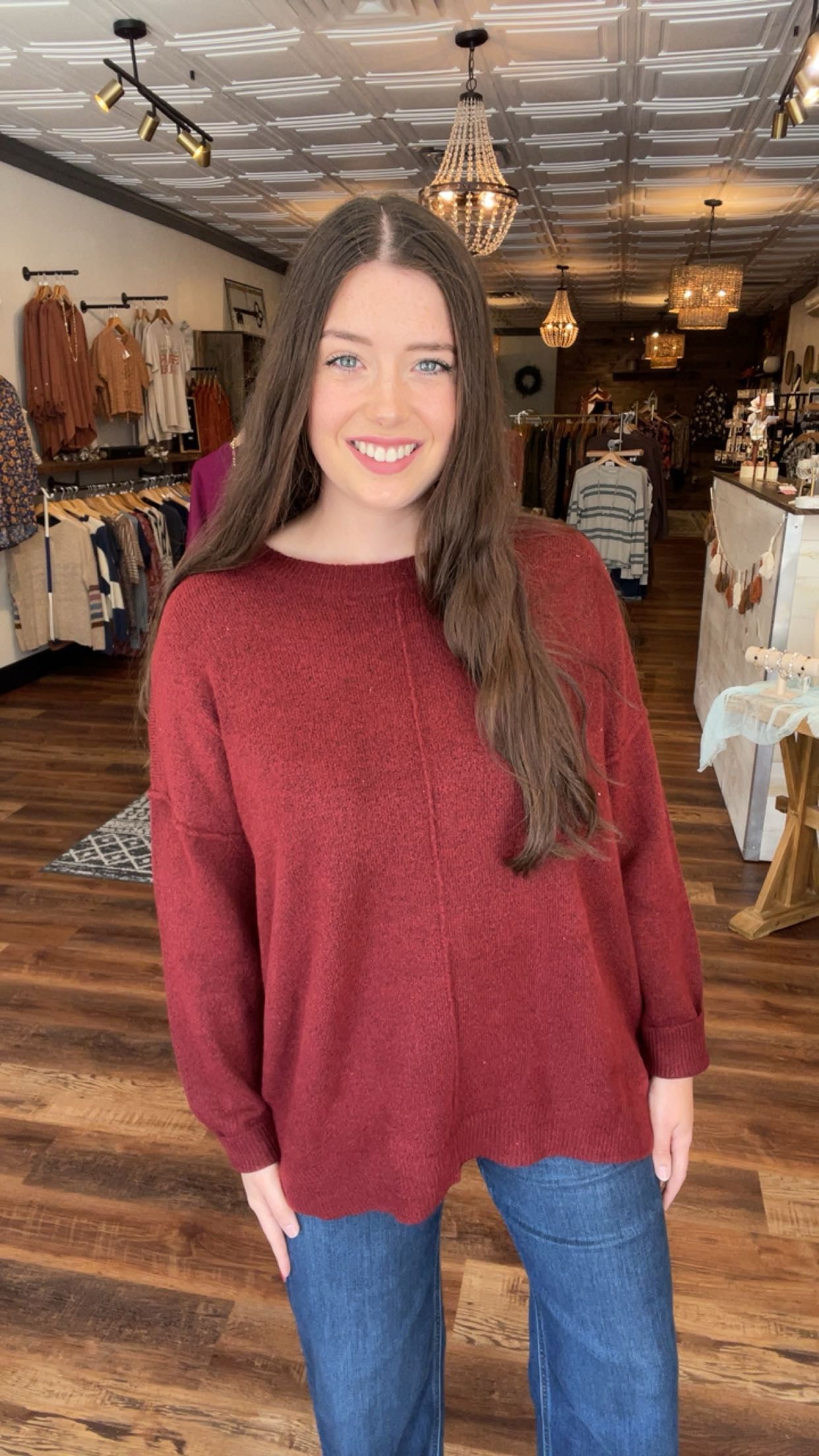 Burgundy Front Seam Knit Sweater