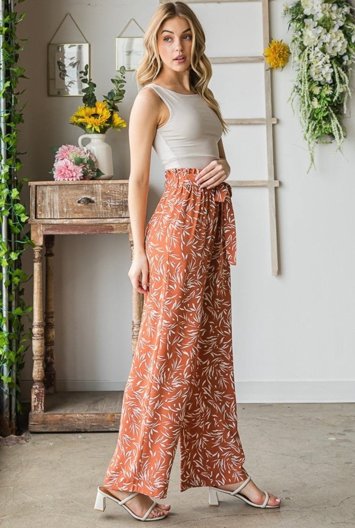 Rust and White Printed Pants with Tie
