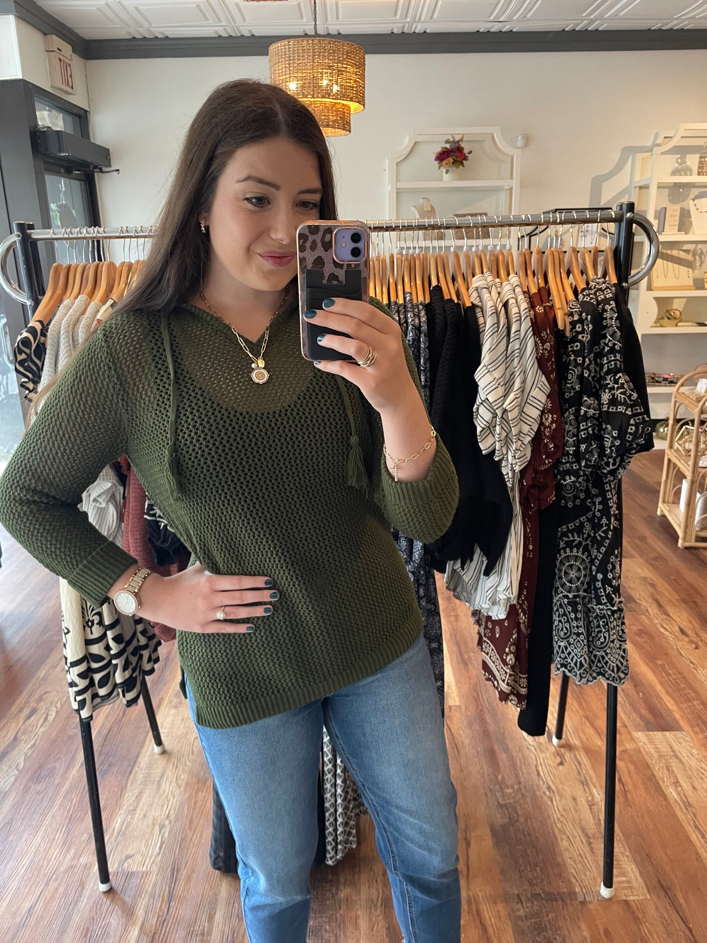 Olive Three Quarter Sleeve Hooded Sweater