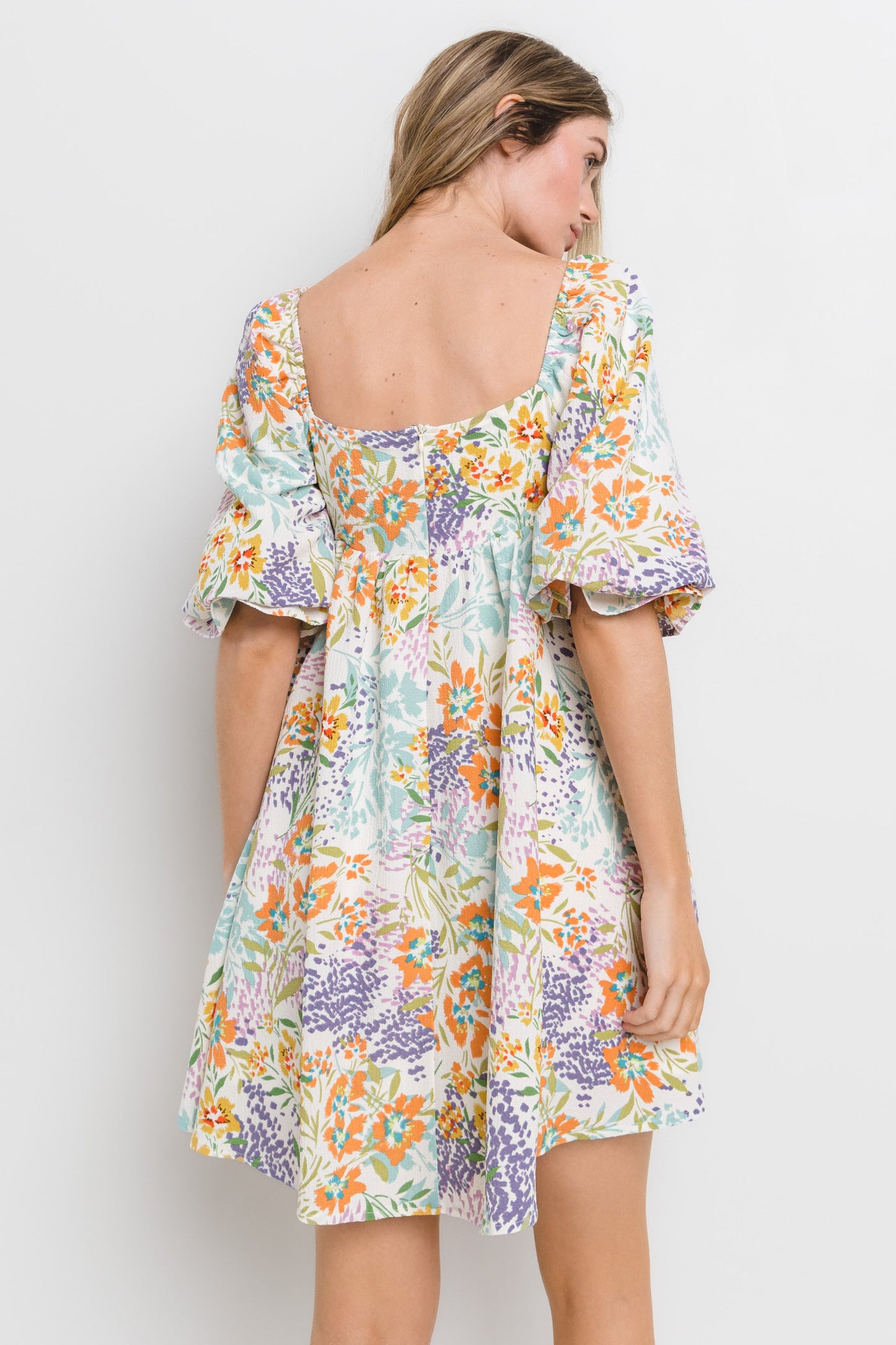 Multi Floral Print Square Neck Dress