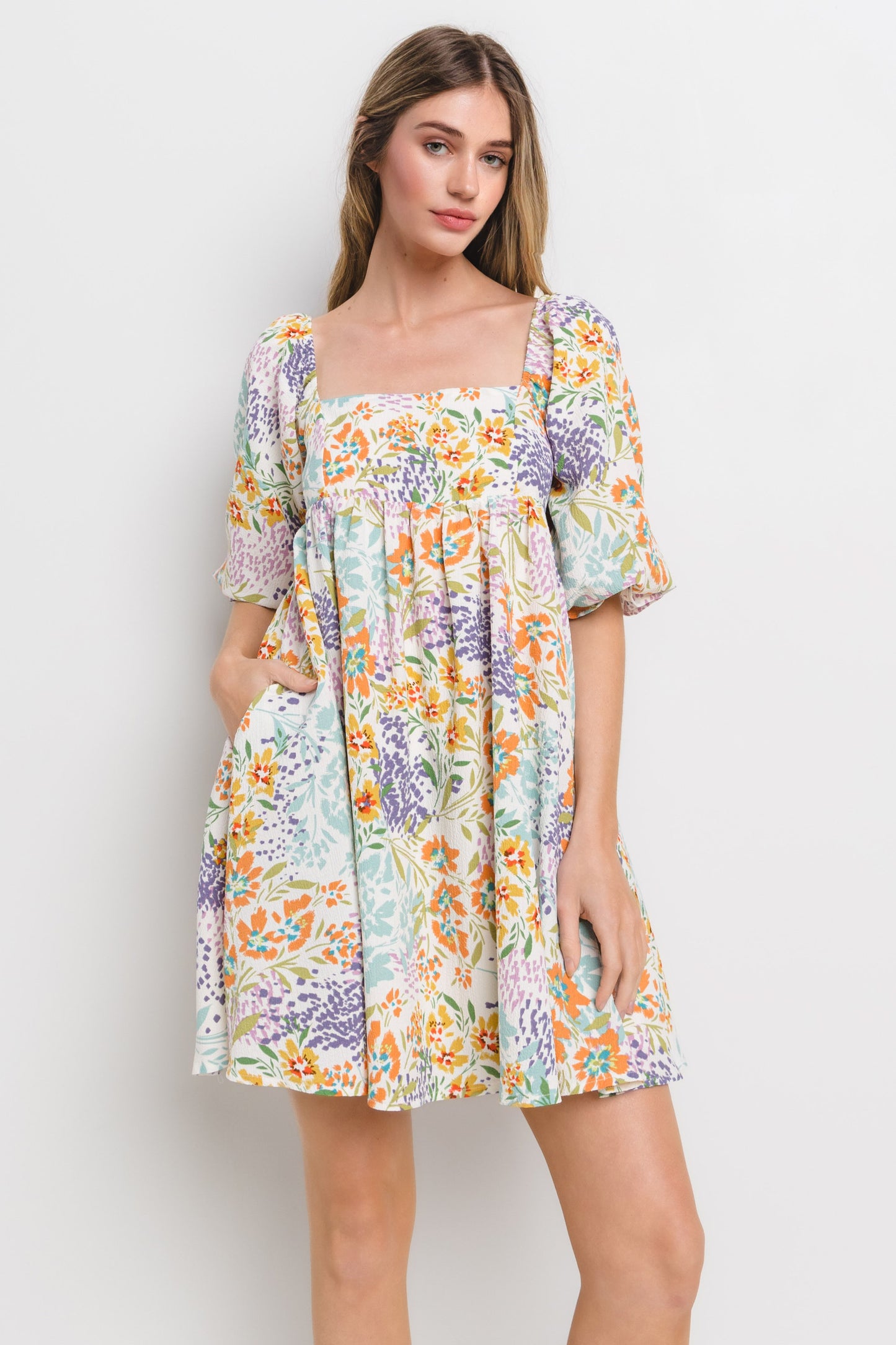 Multi Floral Print Square Neck Dress