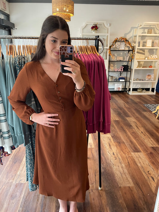 Burnt Orange Midi Dress with Buttons