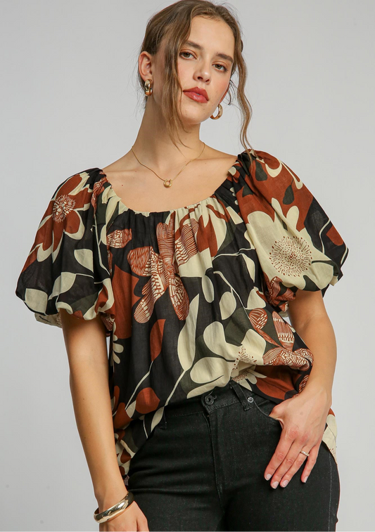 Rust Mix Puff Sleeve Blouse