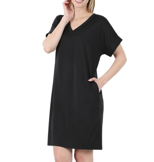 Black Ultra Soft Rolled Sleeve Dress