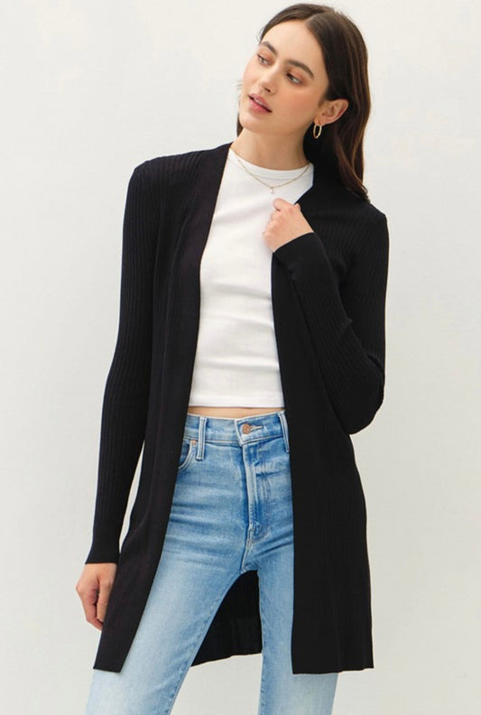 Black Ribbed Long Open Cardigan