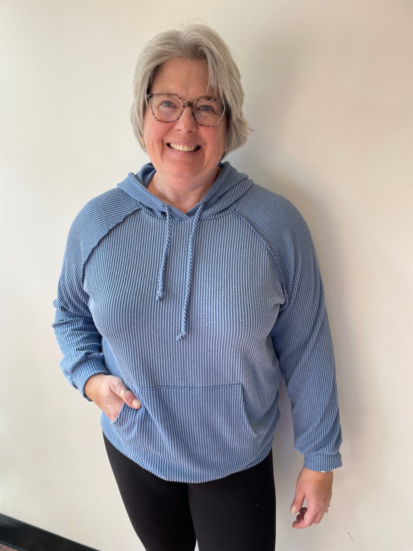 Muted Blue Ribbed Hoodie Top