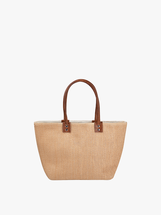 Tan Angelica Small Straw Tote w/ Dual Handles