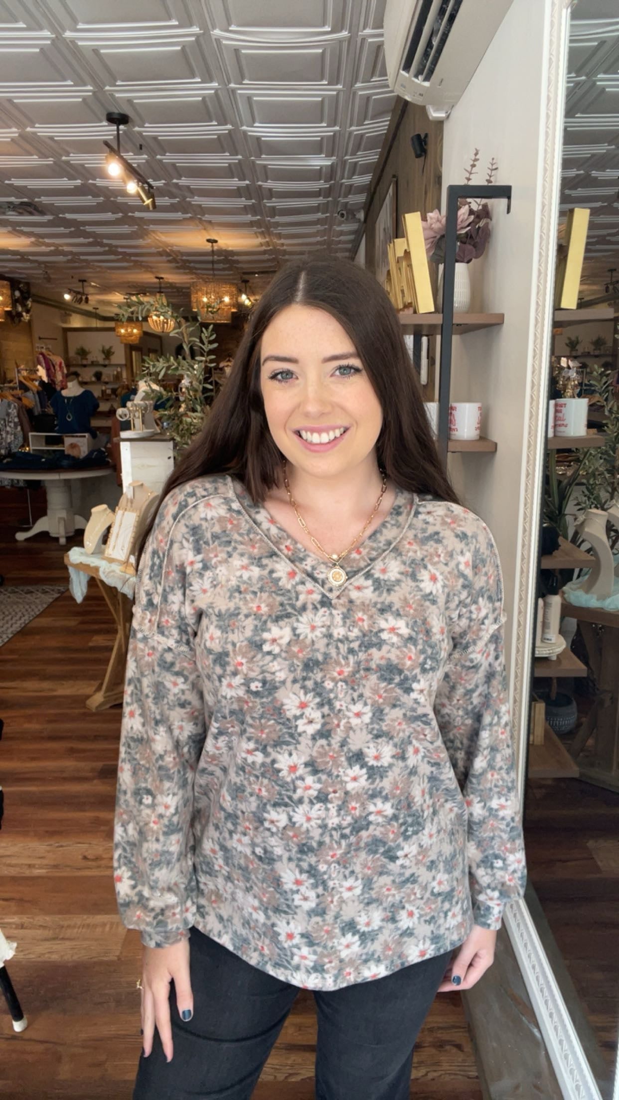 Mocha and Hunter Green Floral Top