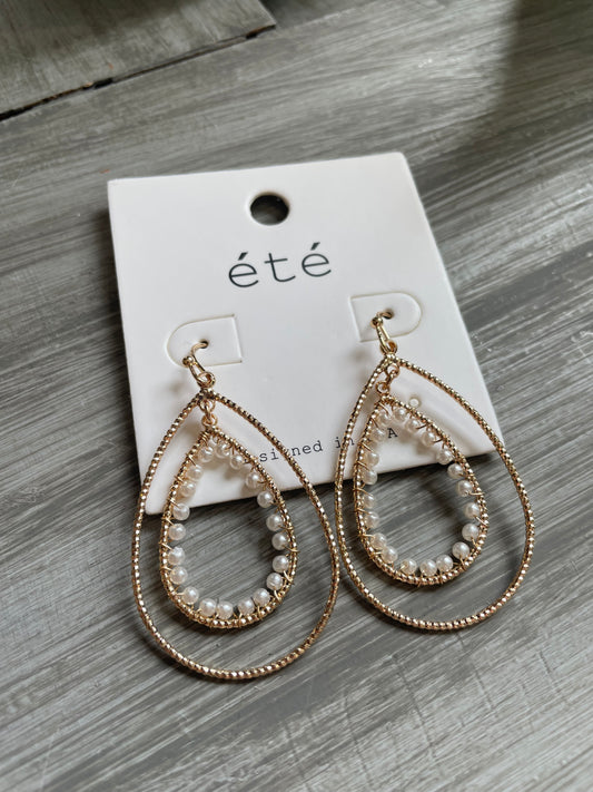 Gold and White Beaded Teardrop Earrings