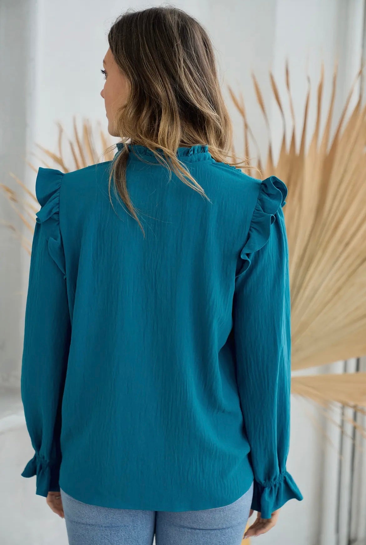 Teal Ruffle Flutter Blouse
