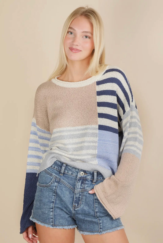 Blue and Taupe Color Block Sweater