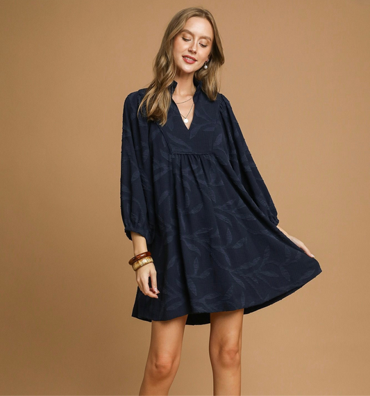 Navy Jacquard Swing Dress