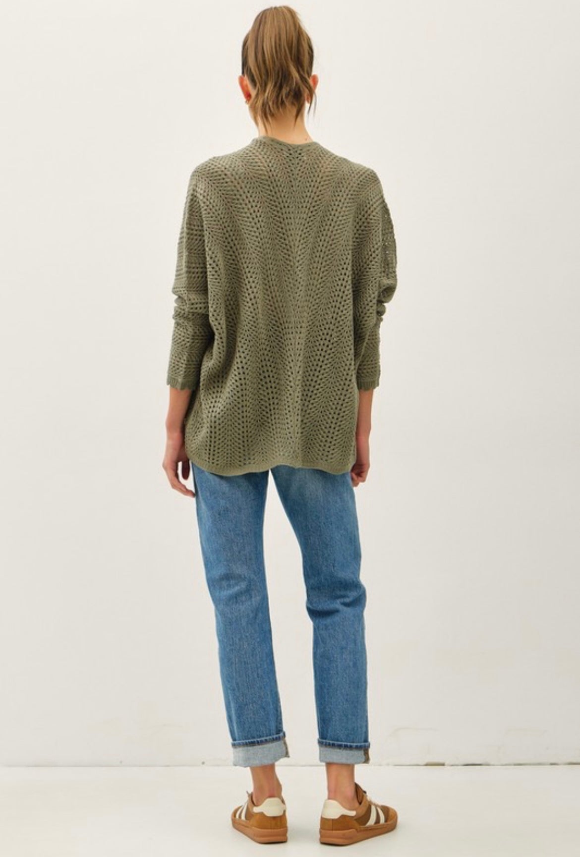 Olive Chunky Crochet Scalloped Edge Cardigan