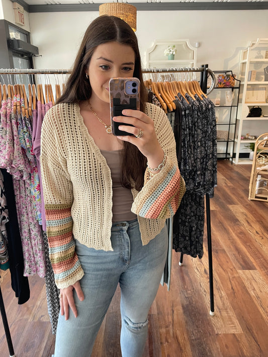 Oatmeal and Mixed Stripe Knit Cardigan