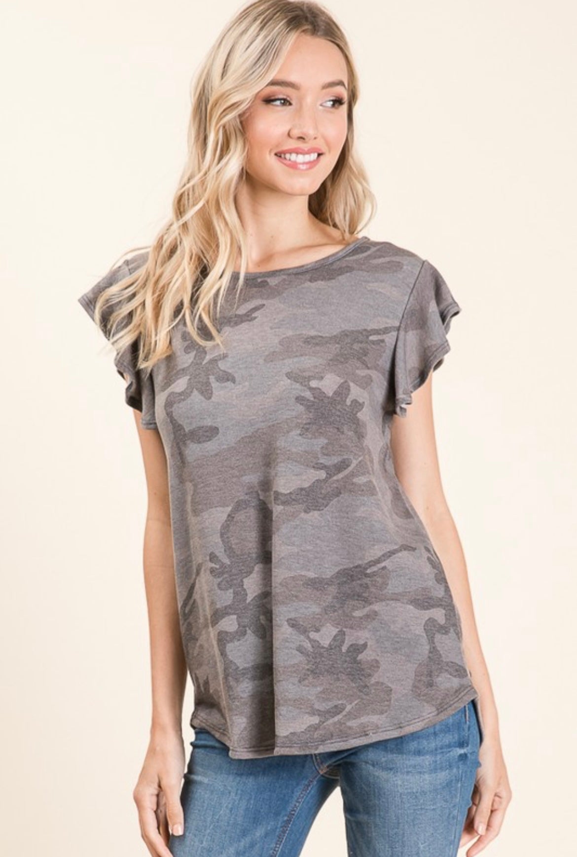 Grey Camo Ruffle Top