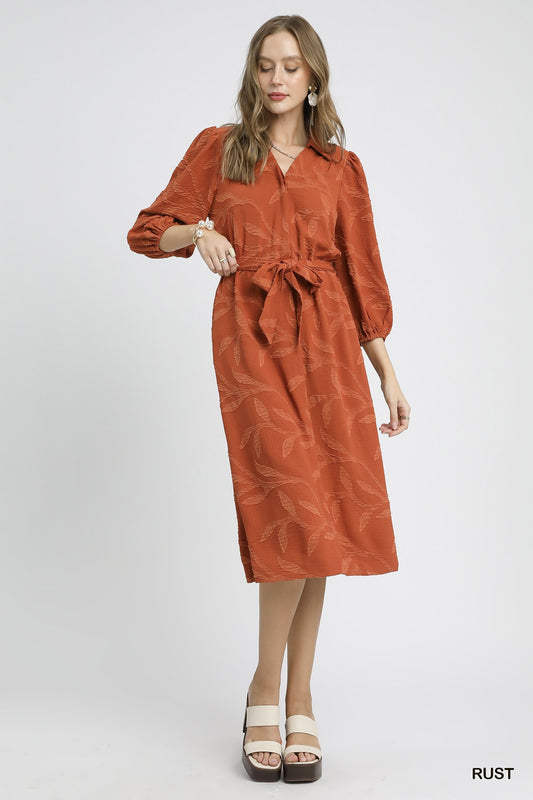 Rust Jacquard Dress with Waist Tie