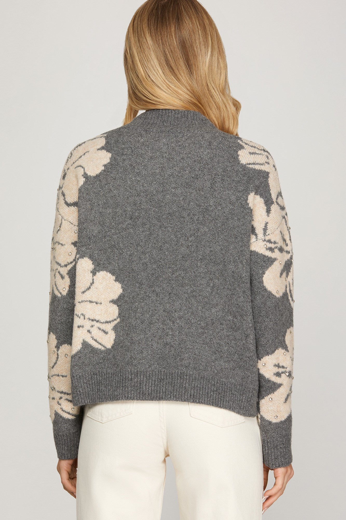 Grey Floral Rhinestone Sweater