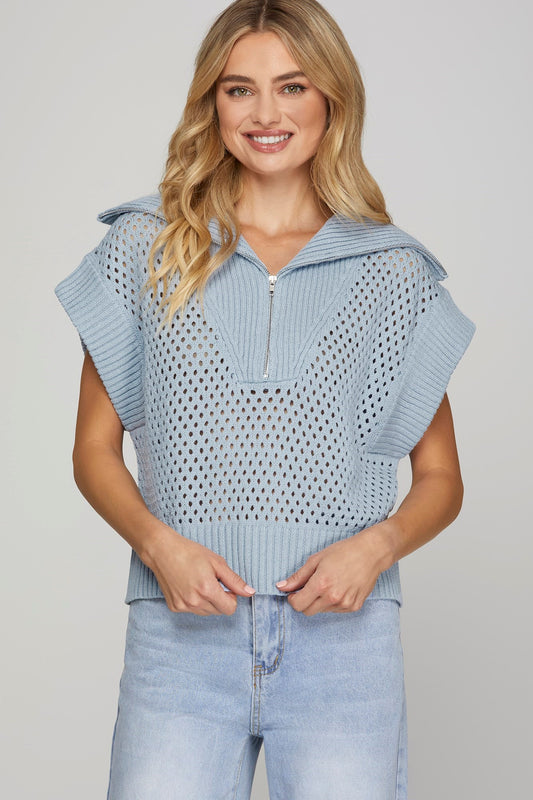 Light Blue Half Zip Sweater Top