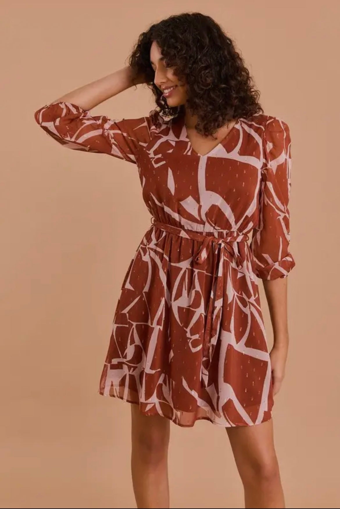 Rust and Taupe Abstract Dress with Gold Fleck