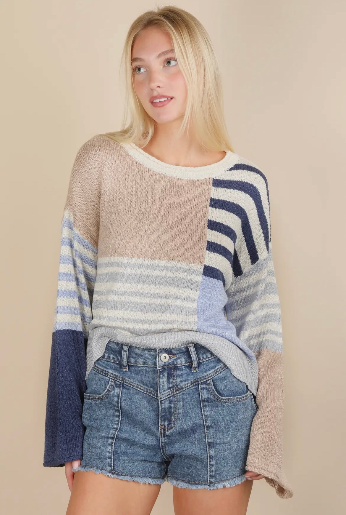 Blue and Taupe Color Block Sweater