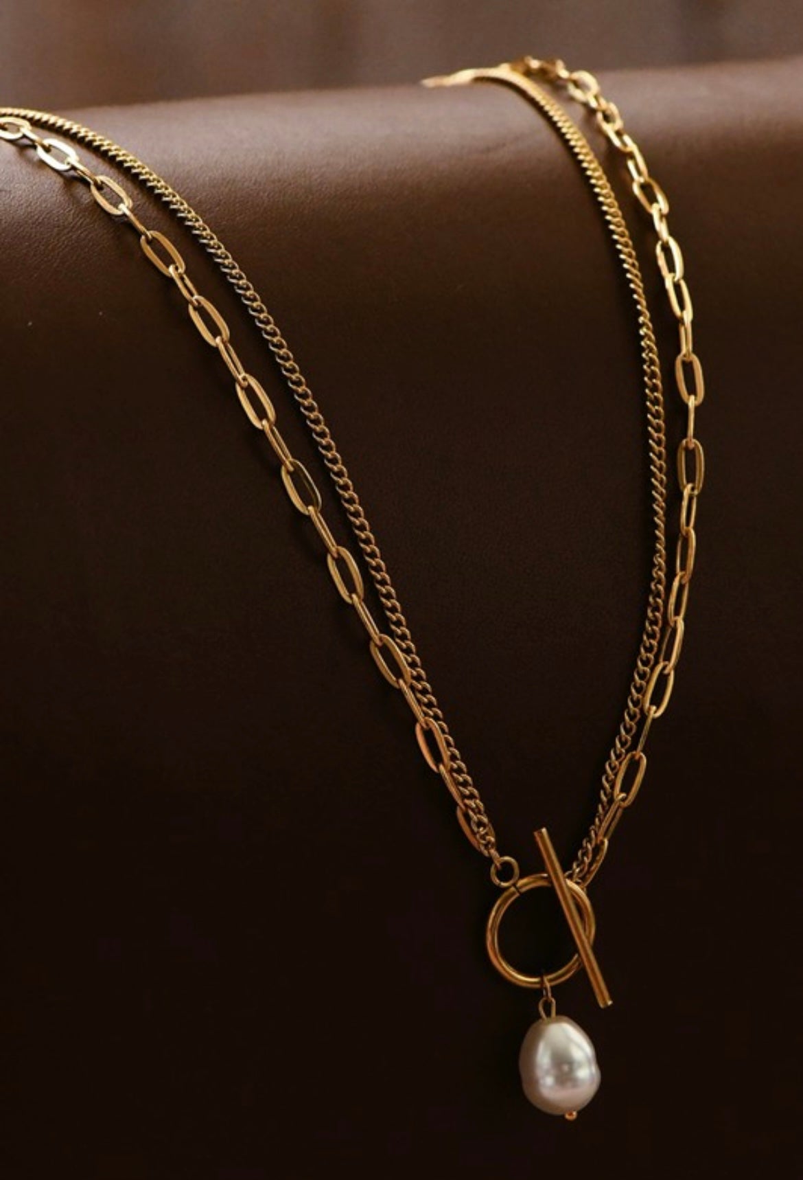 18K Non-Tarnish Layered Chain Pearl Necklace