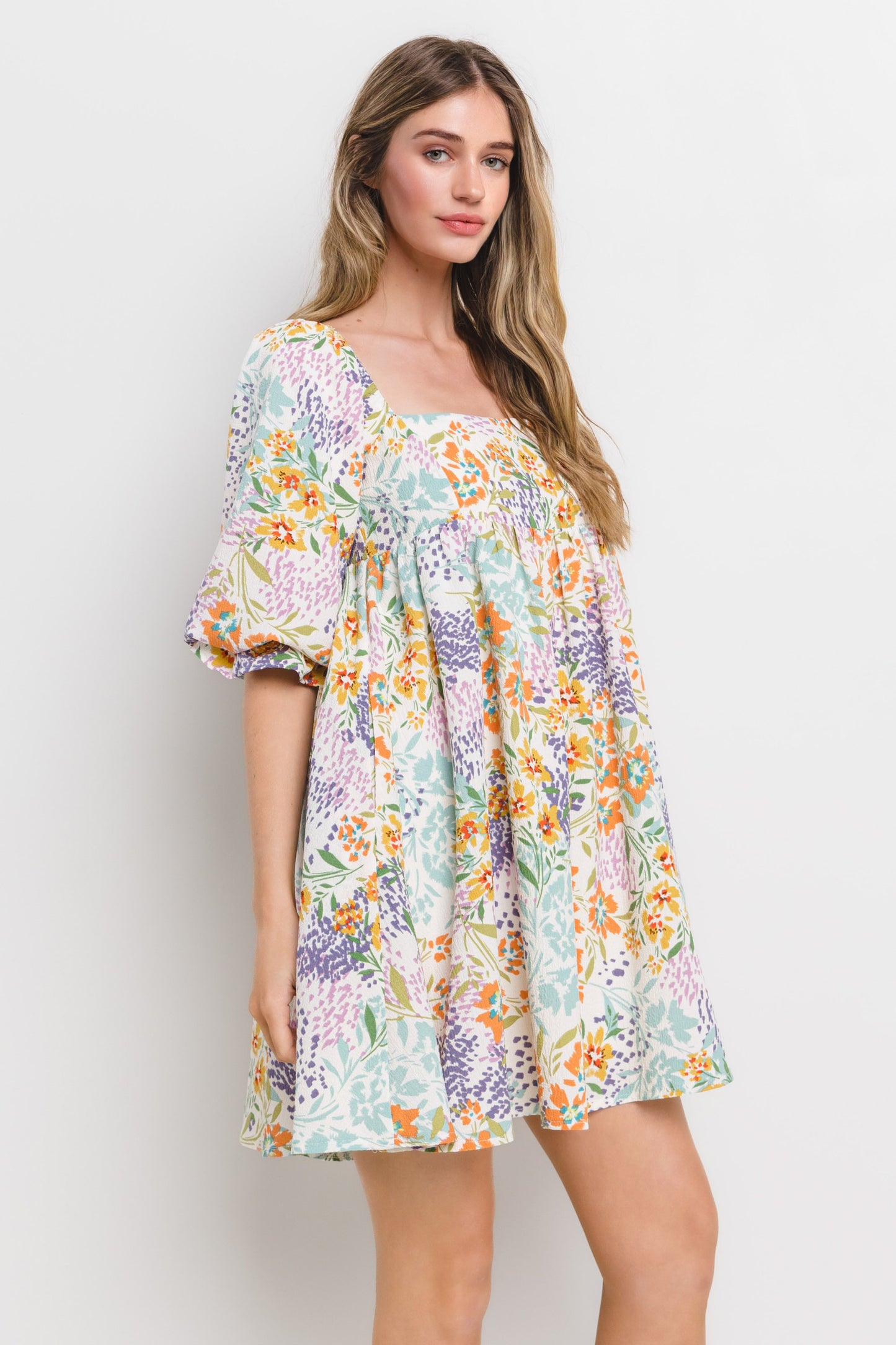 Multi Floral Print Square Neck Dress