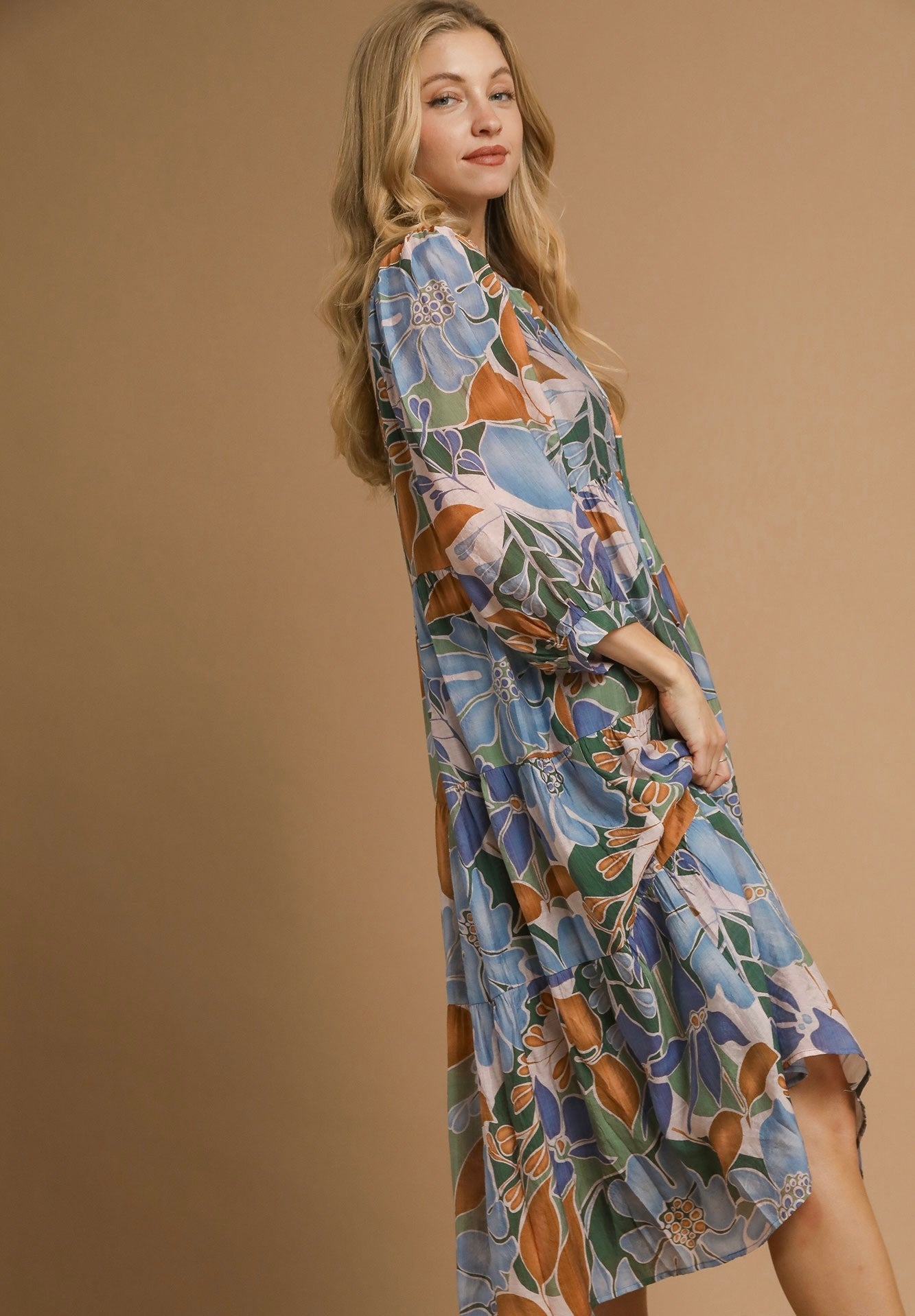 Blue and Chestnut Printed Midi Dress