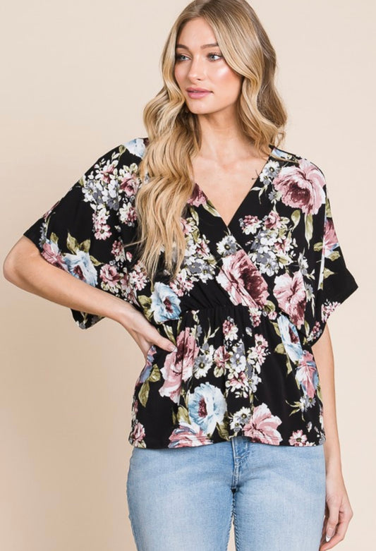Mauve and Blue Floral Wrap Top